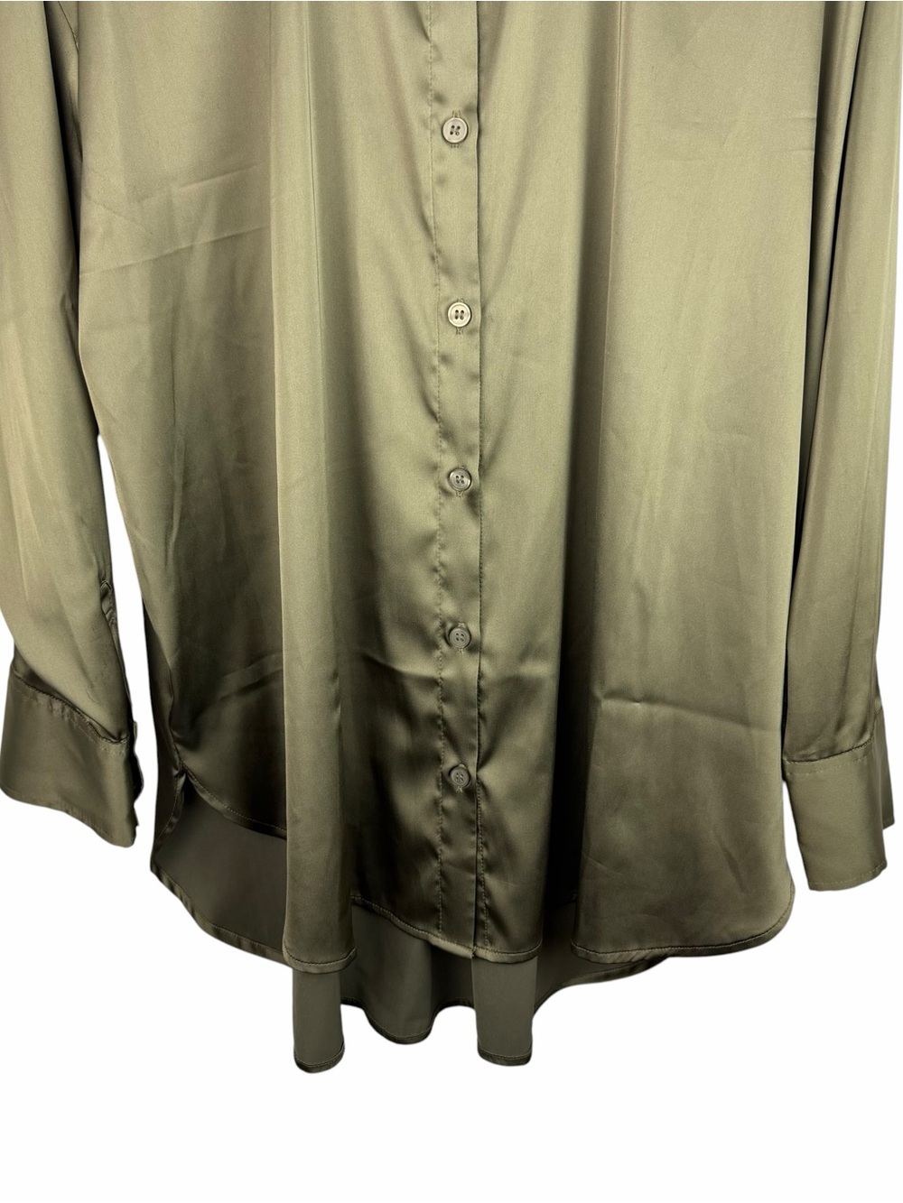Open Edit | Green Satin Button Long Sleeve Blouse - Picture 3 of 7